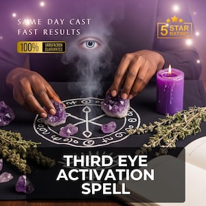 May include: An image featuring a mystical scene with a black cloth, amethyst crystals, and a lit purple candle. The text reads "THIRD EYE ACTIVATION SPELL", "SAME DAY CAST, FAST RESULTS", and "100% SATISFACTION GUARANTEE". A five-star rating graphic is also present.