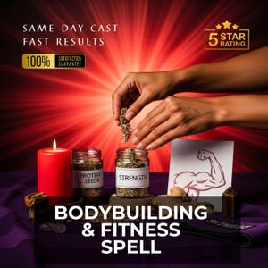 May include: An image promoting a bodybuilding and fitness spell. It features a red candle, jars labeled "Protein Seeds" and "Strength", and a drawing of a muscular arm. The text includes "Same Day Cast, Fast Results", "100% Satisfaction Guarantee", and "5 Star Rating".