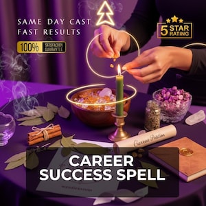 May include: A mystical scene with a lit green candle, a wooden bowl with crystals, and a scroll labeled "Career Petition." The text "CAREER SUCCESS SPELL" is visible. Other items include dried herbs, flowers, and a book.