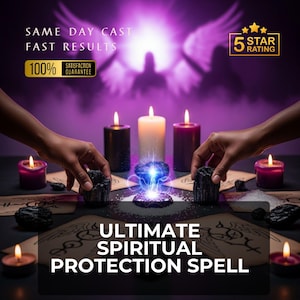 May include: An image with a purple and black theme, featuring candles, crystals, and the text "ULTIMATE SPIRITUAL PROTECTION SPELL." The image also includes the text "SAME DAY CAST, FAST RESULTS" and a "5 STAR RATING" badge.