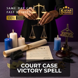 May include: An image with a balance scale, candles, a scroll, and a gavel. Text includes "SAME DAY CAST, FAST RESULTS, 100% SATISFACTION GUARANTEE, 5 STAR RATING, COURT, JUSTICE, COURT CASE VICTORY SPELL."