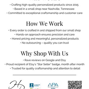 Infographic about Highland Rim Engraving, showcasing their commitment to handcrafted quality, customer satisfaction, and products made in the USA.