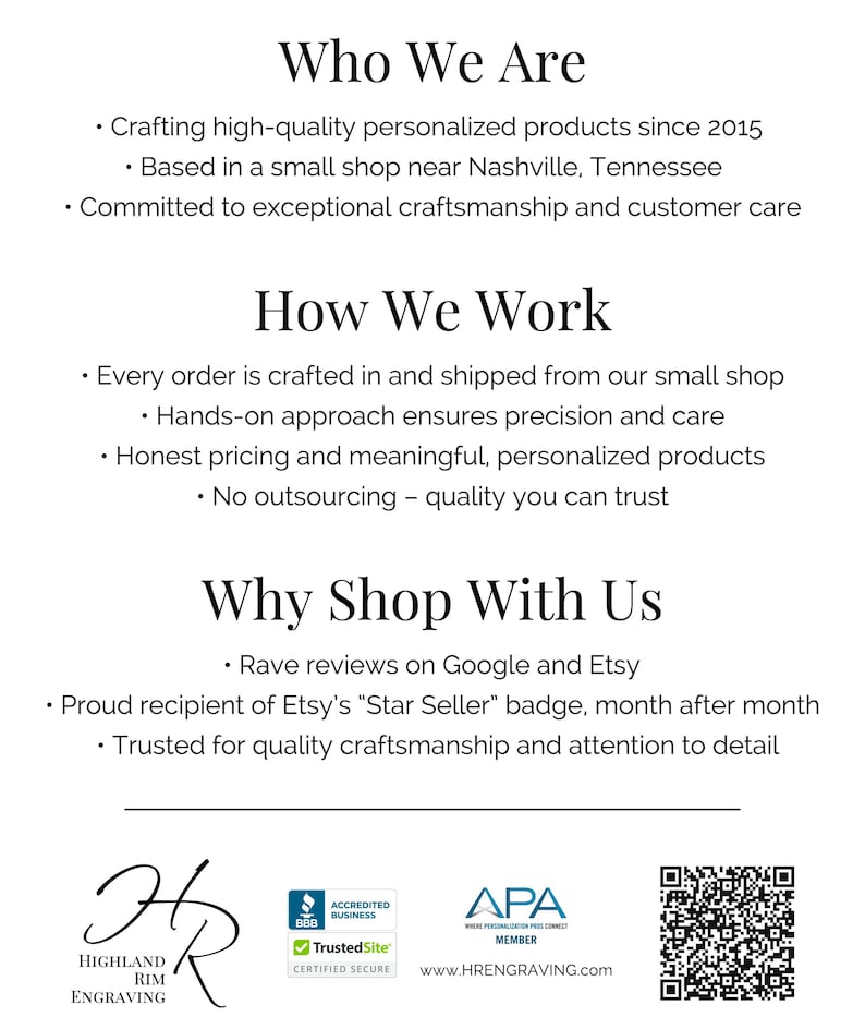 Infographic about Highland Rim Engraving, showcasing their commitment to handcrafted quality, customer satisfaction, and products made in the USA.