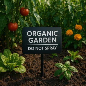 Do Not Spray engraved sign installed in a community mulch garden, promoting safe and organic maintenance
