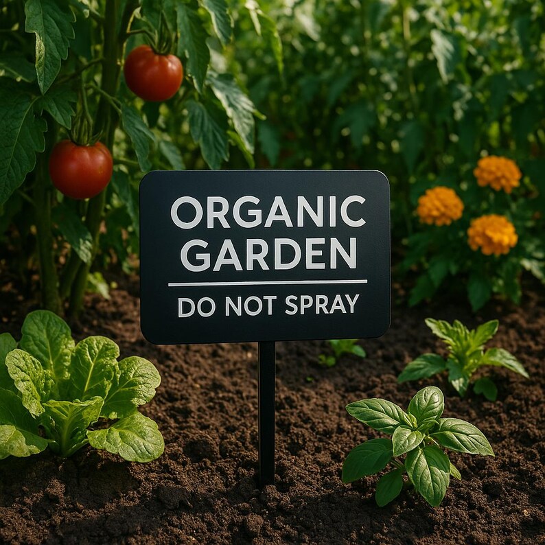 Do Not Spray engraved sign installed in a community mulch garden, promoting safe and organic maintenance