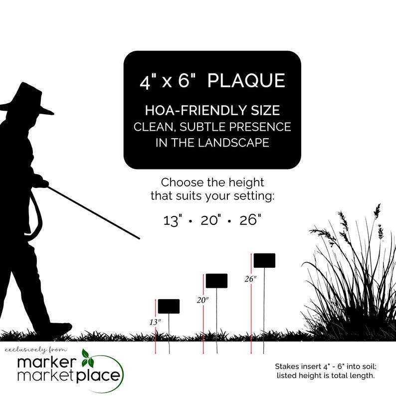 May include: A black and white graphic shows a plaque with the text "4" x 6" PLAQUE" and "HOA-FRIENDLY SIZE". The image also shows three plaques with heights of 13", 20", and 26". The text reads "Choose the height that suits your setting".