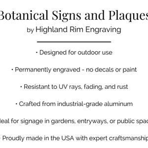 Highland Rim Engraving infographic highlighting key features of their garden signs and plaques: outdoor durability, UV and rust resistance, industrial aluminum construction, made in the USA, customer-loved with 5-star reviews; ideal for gardens, entryways, and public spaces