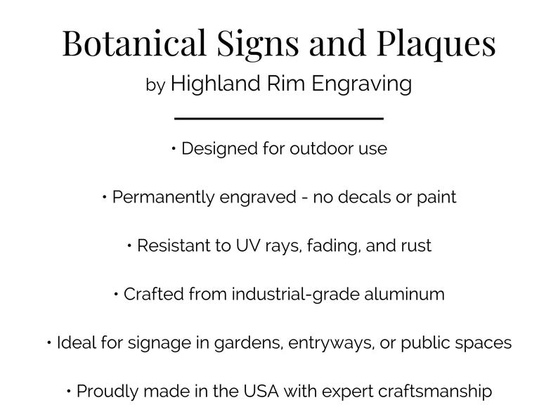 Highland Rim Engraving infographic highlighting key features of their garden signs and plaques: outdoor durability, UV and rust resistance, industrial aluminum construction, made in the USA, customer-loved with 5-star reviews; ideal for gardens, entryways, and public spaces