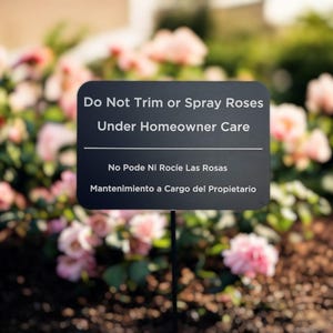 Do Not Trim or Spray Roses Sign – English & Spanish | Weatherproof Aluminum Garden Sign | 3 Heights | 3 Colors | HOA Sign | Garden Decor