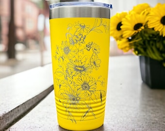 Travel Tumbler with Flower Design, 20oz Insulated Stainless Steel Cup, Gift for Mom, Personalized Cup for Her, Sunflower, Black-Eyed Susan