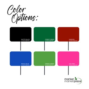 May include: Image displaying color options for a product. The options include matte black, forest green, maroon, royal blue, spring green, and hot pink. Each color is presented in a rectangular shape with the text "w/silver engraving". The text "Color Options" is at the top.