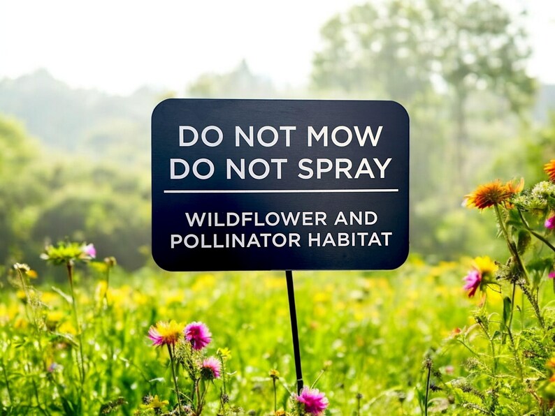 Black aluminum sign staked in a vibrant wildflower field, reading 'Do Not Mow, Do Not Spray – Wildflower and Pollinator Habitat.' The engraved plaque stands out against a colorful natural background filled with yellow, purple, and pink blooms, emphasizing its role in protecting eco-friendly garden spaces and supporting pollinator conservation efforts. Ideal for sustainable landscaping, this durable, USA-made sign offers long-term outdoor visibility and clarity.