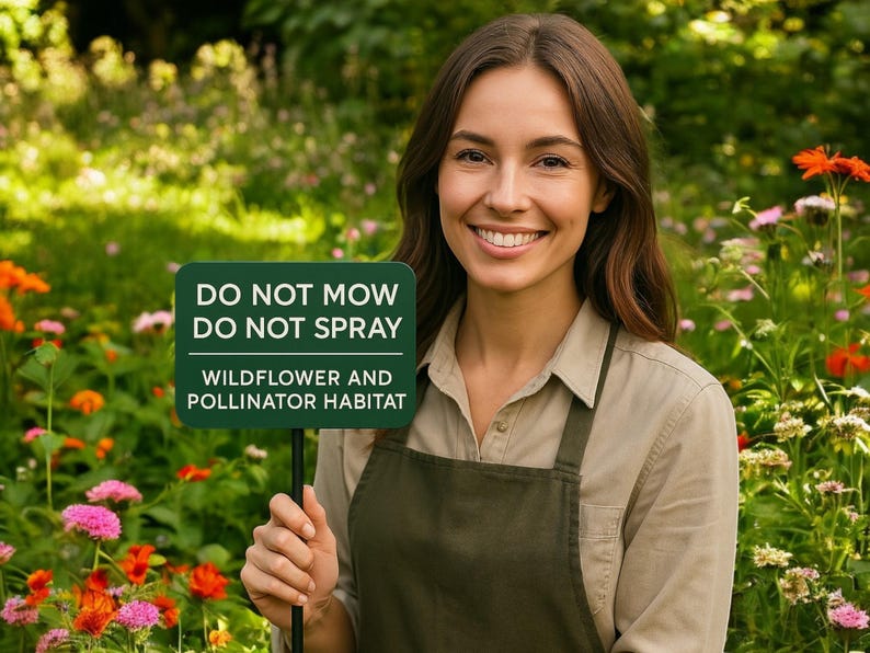 A young woman stands in a blooming wildflower garden holding a green aluminum landscape sign that reads 'Do Not Mow, Do Not Spray – Wildflower and Pollinator Habitat.' She wears a tan collared shirt with a dark green apron and smiles warmly, promoting eco-friendly garden practices with durable, USA-made engraved signage ideal for protecting pollinator zones