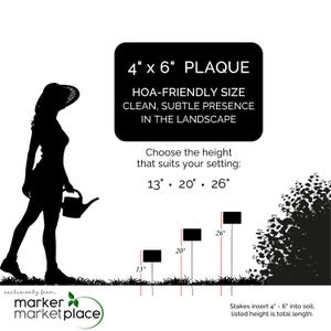Puede incluir: Imagen en blanco y negro con una silueta de persona y el texto "4" x 6" PLAQUE". El texto tambi&eacute;n incluye "HOA-FRIENDLY SIZE" y alturas de 33 cm, 51 cm y 66 cm. Tambi&eacute;n est&aacute; presente el texto "CLEAN, SUBTLE PRESENCE IN THE LANDSCAPE".