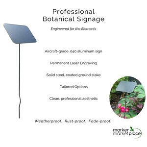 May include: A professional botanical signage with a blue sign and black stake. The sign is made of aircraft-grade aluminum and features permanent laser engraving. The stake is solid steel and coated. The text on the sign says "Professional Botanical Signage".