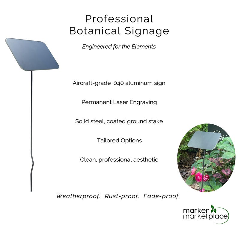 May include: A professional botanical signage with a blue sign and black stake. The sign is made of aircraft-grade aluminum and features permanent laser engraving. The stake is solid steel and coated. The text on the sign says "Professional Botanical Signage".