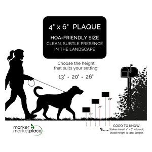 May include: A black and white image showing a person walking a dog, with a mailbox in the background. The image includes a sign that reads "4" x 6" PLAQUE" and "HOA-FRIENDLY SIZE". The sign is available in 33 cm, 51 cm, and 66 cm heights.