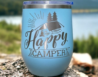 HAPPY CAMPER Laser Engraved Tumbler, Cute Gift for Camper, Tumbler with Handle, Camp Mug, Camping Cup, Stainless Steel Insulated Tumbler