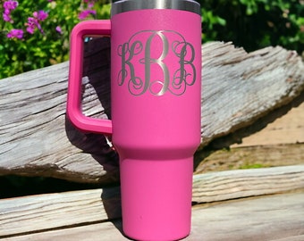 MONOGRAMMED TUMBLER, Vine Monogram, 40oz Tumbler with Handle, Personalized Tumbler, Monogrammed Mug, Personalized Travel Tumbler