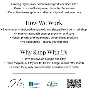 Highland Rim Engraving 'About Us' infographic describing who they are, how they work, and why customers shop with them; emphasizes handcrafted quality, honest pricing, and customer satisfaction from a small shop near Nashville, Tennessee. Includes accreditation logos, Star Seller mention, and QR code linking to their site. 
Our Business is Better Business Bureau Accredited