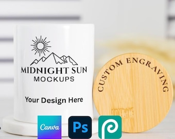 11oz Ceramic Candle Mockup, Full Wrap PODzilla Candle Jar Mock with Engraved Bamboo Lid