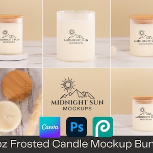 Könnte beinhalten: Ein 283g-Set aus mattierten Glas-Kerzenbehältern mit Bambusdeckel und einem schwarzen Strichzeichnungs-Logo von Sonne und Bergen mit dem Text MIDNIGHT SUN MOCKUPS. Das Set zeigt verschiedene Ansichten der Kerzenbehälter.