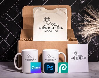 Mockup with Two Mugs and Baby Body Suit Gift Box, PODZilla Gift Set Mock with JPG, PNG, and PSD Files