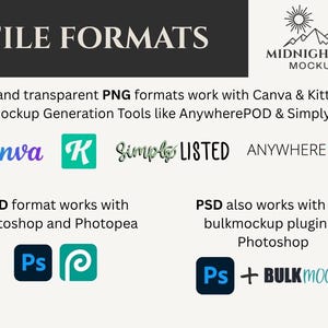 May include: A graphic with the text "FILE FORMATS" and "MIDNIGHT SUN MOCKUPS". It lists JPG, PNG, and PSD file formats compatible with Canva, Kittl, Photoshop, and other mockup tools. Logos for each program are included.