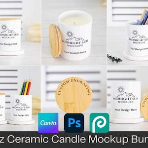 May include: A mockup bundle featuring white ceramic candle holders with wooden lids and bases. The holders display the text "MIDNIGHT SUN MOCKUPS" and "Your Design Here". The image also includes colored pencils and the text "11oz Ceramic Candle Mockup Bundle".
