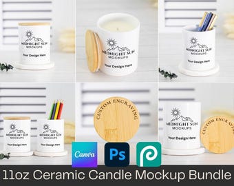 11oz Ceramic Candle Mockup Bundle, Full Wrap PODzilla Mocks with Engraved Bamboo Lid