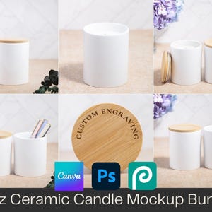 May include: White ceramic candle mockup bundle with wooden lids. The candles are cylindrical and have a clean, minimalist design. The bundle includes a variety of mockups, with and without lids. The text "Custom Engraving" is on a wooden lid. The text "11oz Ceramic Candle Mockup Bundle" is at the bottom.