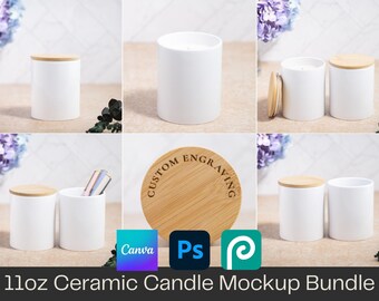 11oz Ceramic Candle Mockup Bundle, Full Wrap PODzilla Mocks with Engraved Bamboo Lid