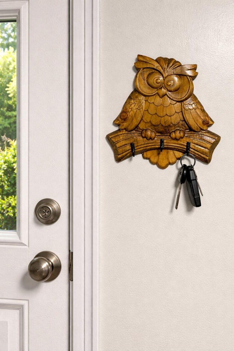 Hand Carved Wooden Owl Key Holder – Rustic Entryway Organizer Hooks - Etsy