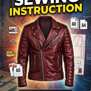 Könnte beinhalten: Illustration einer weinroten Lederjacke mit Reißverschluss, Nähwerkzeugen und Schnittmustern. Der Text "SEWING INSTRUCTION" und "AO & A4 INSTRUCTION FILE PATTERN INCLUDED" sind enthalten. Die Jacke ist das Hauptmotiv.