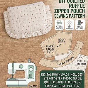 May include: A DIY sewing pattern for a quilted ruffle zipper pouch. The image shows a finished pouch with a floral pattern, pattern pieces, and a sewing machine. Text includes "DIY Quilted Ruffle Zipper Pouch Sewing Pattern" and "Digital Download".