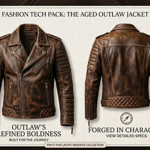 Puede incluir: Una chaqueta de cuero marr&oacute;n con acabado desgastado, vista frontal y trasera. Tiene cuello de solapa, bolsillos con cremallera, paneles acolchados en hombros y espalda baja. Texto: FASHION TECH PACK: THE AGED OUTLAW JACKET, OUTLAW'S REFINED BOLDNESS, BUILT FOR THE JOURNEY, FORGED IN CHARACTER, VIEW DETAILED SPECS, PIN IT FOR LATER, BROWSE COLLECTION.