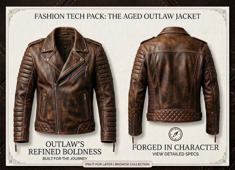 Puede incluir: Una chaqueta de cuero marr&oacute;n con acabado desgastado, vista frontal y trasera. Tiene cuello de solapa, bolsillos con cremallera, paneles acolchados en hombros y espalda baja. Texto: FASHION TECH PACK: THE AGED OUTLAW JACKET, OUTLAW'S REFINED BOLDNESS, BUILT FOR THE JOURNEY, FORGED IN CHARACTER, VIEW DETAILED SPECS, PIN IT FOR LATER, BROWSE COLLECTION.