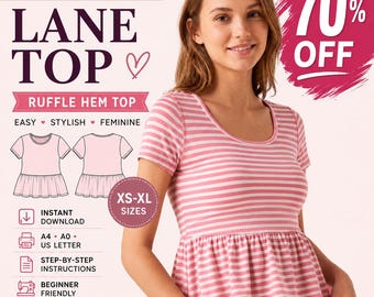Lane Top Schnittmuster (PDF) | Rüschen-Peplum-Top für Damen | Anfängerfreundlich | A4, A0, US Letter | Sofort-Download | XS-XL