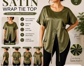 Satin-Wickelbluse mit Bindeband, lockere Damenbluse, Top mit Bindeband am Rücken, kurzärmeliges Satin-Top, elegantes Sommertop, leichte Bluse