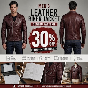 Mönster för herrskinnjacka med bikermotiv, PDF-mönster för motorcykeljacka, mall för asymmetrisk dragkedja, mönster för gör-det-själv-skinnjacka, XS–3XL