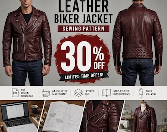 Patrón de costura para chaqueta de cuero de motociclista para hombre, patrón PDF para chaqueta de moto, plantilla para abrigo asimétrico con cremallera, patrón para chaqueta de cuero DIY, XS–3XL