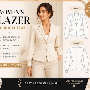May include: A digital technical flat design for a blazer, featuring a beige blazer with two buttons, long sleeves, and a notched lapel. The graphic includes front and back line drawings, text labels, and file format icons for AI, PDF, PNG, and EPS.