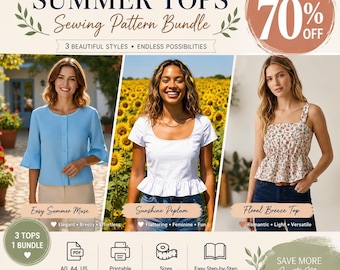Sommer-Tops-Schnittmuster-Set | 3 PDF-Schnittmuster in 1 | Peplum-Top | Blumen-Top | Lässige Bluse | XS-2XL | Sofort-Download