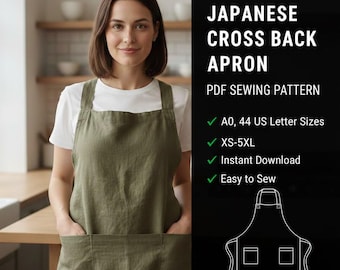 Schnittmuster für eine Schürze mit gekreuztem Rückenausschnitt, japanische Latzschürze, DIY-Schürze für Künstler und Küche, Töpferschürze, Leinen-Schnittmuster für Damen in großen Größen