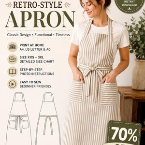 Op de afbeelding: Een digitaal naaipatroon voor een schort in retrostijl met verticale beige en witte strepen. Het schort heeft een borststuk, taillebanden en twee voorzakken. Het document bevat tekst voor thuis printen, maten XXS tot 3XL, stapsgewijze foto-instructies en een technische lijntekening van het schortontwerp.