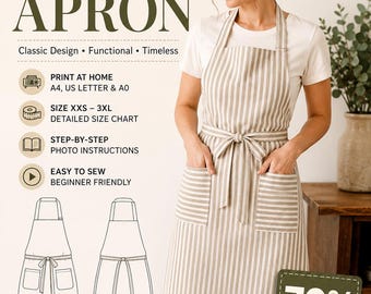 Patrón de costura de delantal retro en PDF / Patrón de delantal de cocina vintage / XXS-3XL / A4 A0 Carta estadounidense / Tutorial de delantal para principiantes / Descarga instantánea