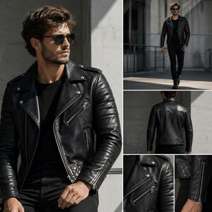Chaqueta de cuero negra para hombre, chaqueta clásica de motociclista, chaqueta acolchada para moto, abrigo de cuero estilo punk rock, prenda de abrigo de moda para motociclistas. imagen 11
