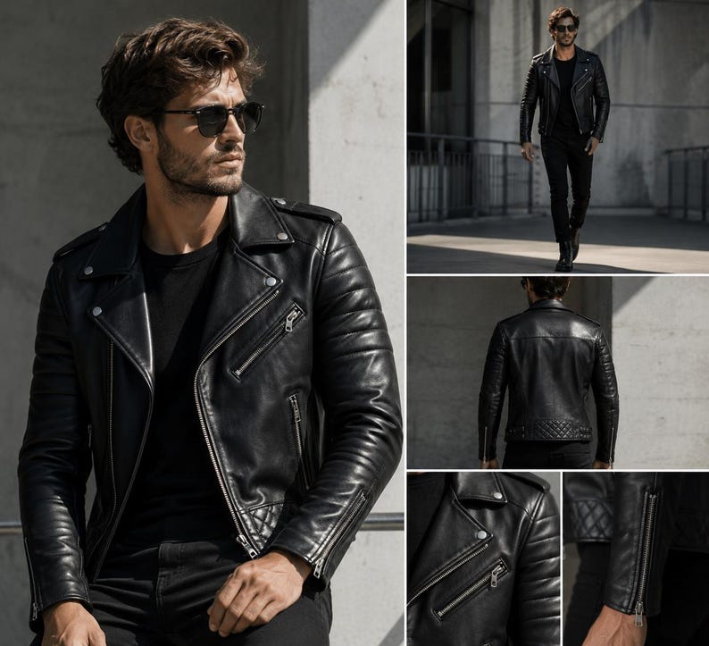 Chaqueta de cuero negra para hombre, chaqueta clásica de motociclista, chaqueta acolchada para moto, abrigo de cuero estilo punk rock, prenda de abrigo de moda para motociclistas. imagen 11