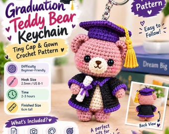 Häkelanleitung für einen Teddybären zur Abschlussfeier (PDF), Anleitung für einen Mini-Bären-Schlüsselanhänger, Amigurumi-Abschlussbär, Häkelgeschenk für Absolventen, Anfängeranleitung