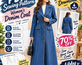 Damen-Jeansmantel (PDF), Größen XS–XL, DIY-Jackenschnittmuster mit Taschen, druckbares Schnittmuster, Damenjacke (PDF)